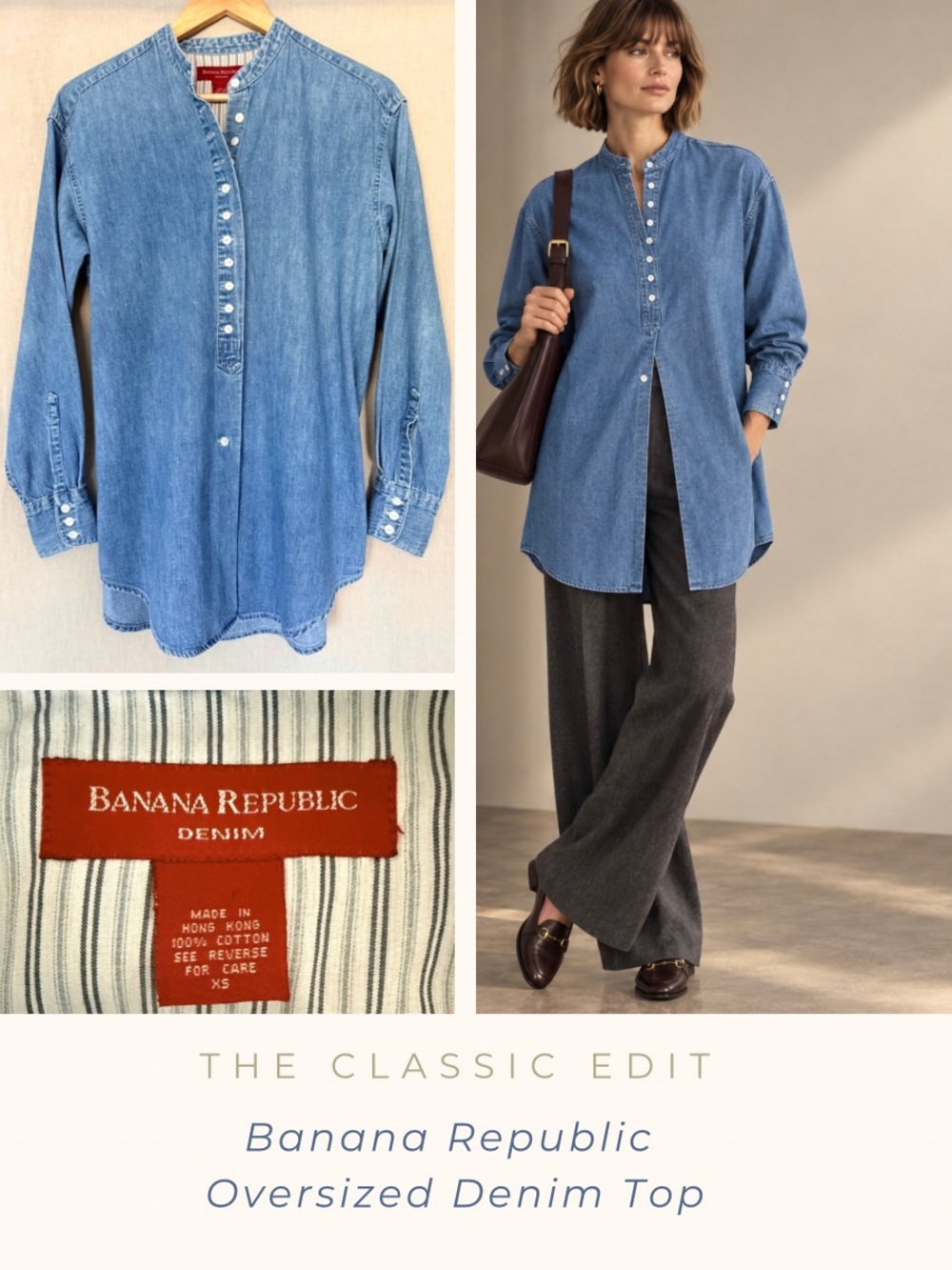 Banana Republic Denim Button-Front Shirt | Oversized | Band Collar | Minimalist